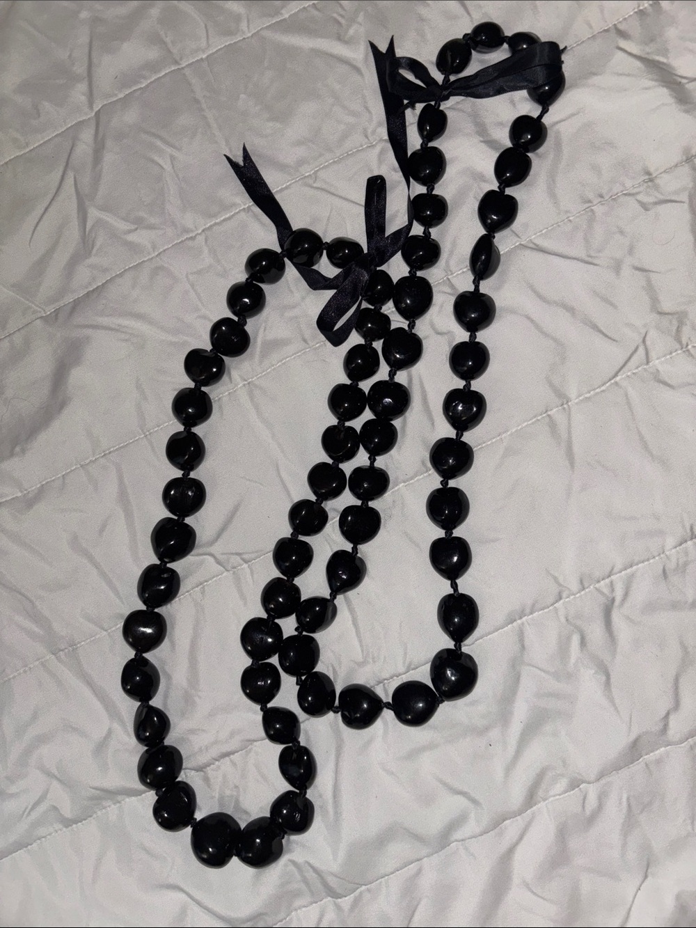 2-Black Bead Strand Necklace with Ribbon Tie